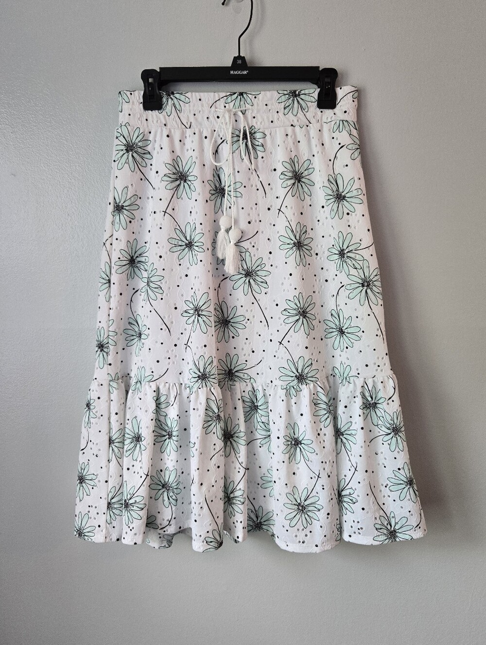 Cato Floral Eyelet Midi Skirt Mint Green Daisy Ruffle Tassel Size Small